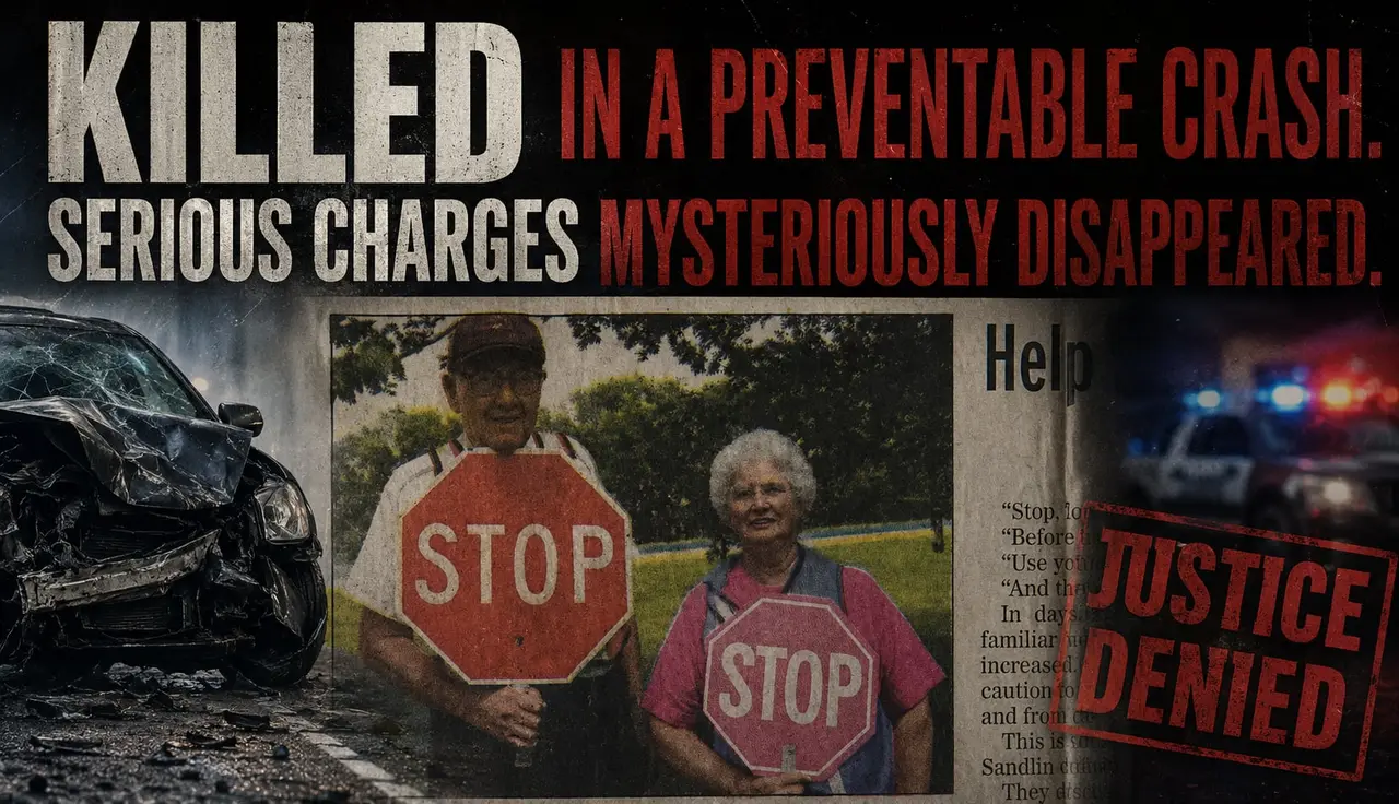 Newsprint collage: KILLED IN A PREVENTABLE CRASH — SERIOUS CHARGES MYSTERIOUSLY DISAPPEARED. Photo of crossing guards Christine Sandlin and her husband holding STOP signs; a wrecked car; a JUSTICE DENIED stamp.