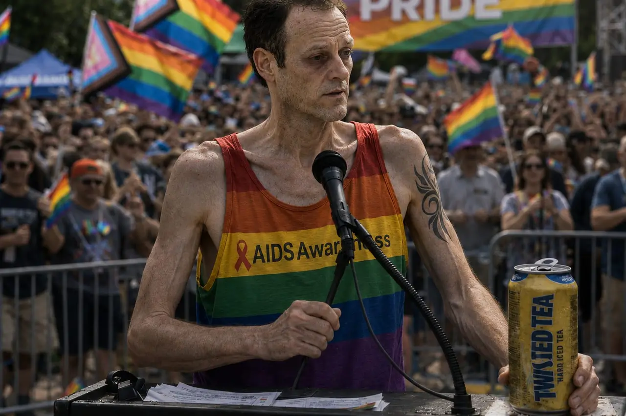 Hunt County DA Noble Walker speaking at a pride parade, holding a Twisted Tea